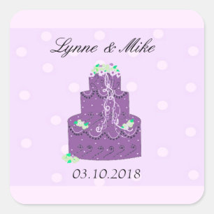 Pegatina Cuadrada Pastel de Boda Morado Guardar la Fecha