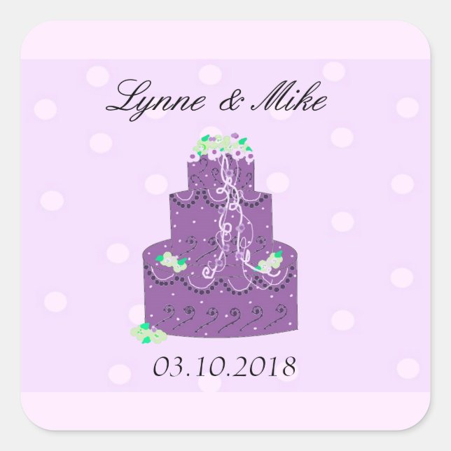 Pegatina Cuadrada Pastel de Boda Morado Guardar la Fecha (Anverso)
