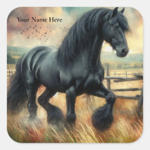 Pegatina Cuadrada Pastel de Caballo Negro Fresian Valla Rústica