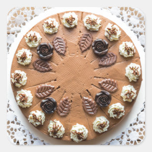 Pegatina Cuadrada Pastel de crema de chocolate con torta de madera r