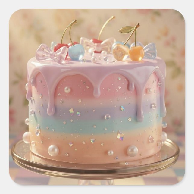 Pegatina Cuadrada Pastel de Cumpleaños Estético de Comida de Vidrio  (Anverso)