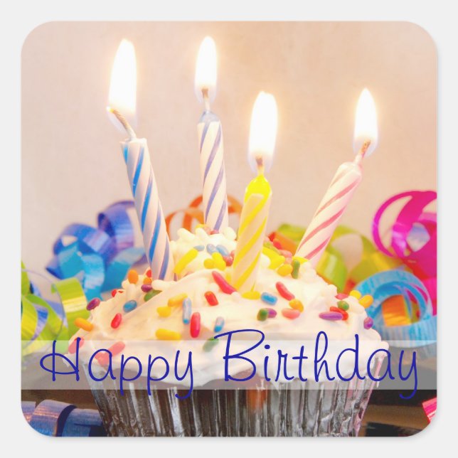 Pegatina Cuadrada Pastel de cumpleaños feliz con velas (Anverso)