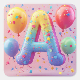 Pegatina Cuadrada 🎂 Pastel de Cumpleaños Letra A Fiesta de Niños 🎂