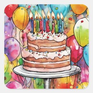 Pegatina Cuadrada Pastel de cumpleaños, velas y globos festivos