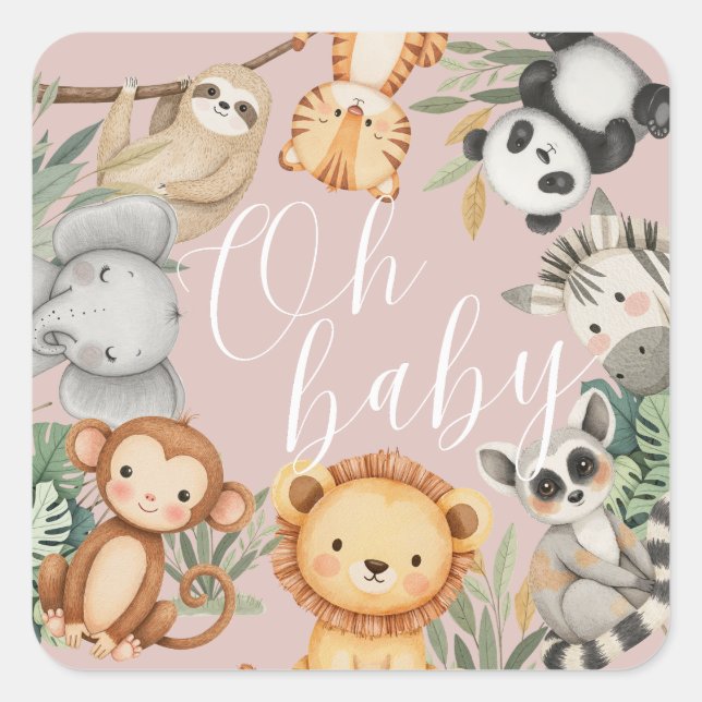 Pegatina Cuadrada Pastel Ducha tropical para bebés Selva Safari Anim