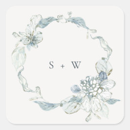 Pegatina Cuadrada Pastel Dusky Blue Floral Wreath Boda Monograma