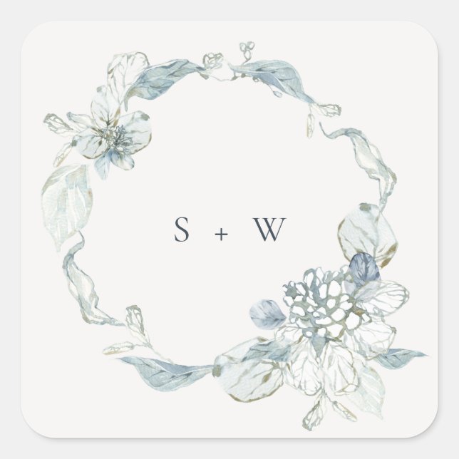 Pegatina Cuadrada Pastel Dusky Blue Floral Wreath Boda Monograma (Anverso)