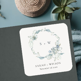 Pegatina Cuadrada Pastel Dusky Blue Floral Wreath Boda Monograma
