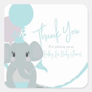 Pegatina Cuadrada Pastel Elefante Bebé Niña Script Baby Shower  