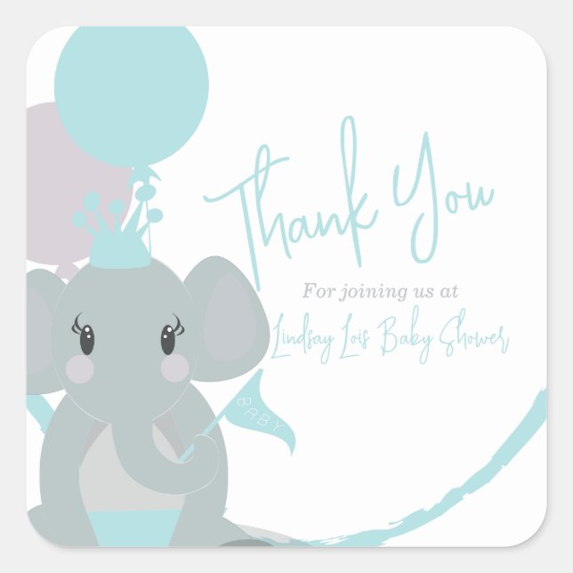 Pegatina Cuadrada Pastel Elefante Bebé Niña Script Baby Shower   (Anverso)