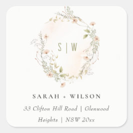 Pegatina Cuadrada Pastel Floral Floral Floral Monograma Dirección de