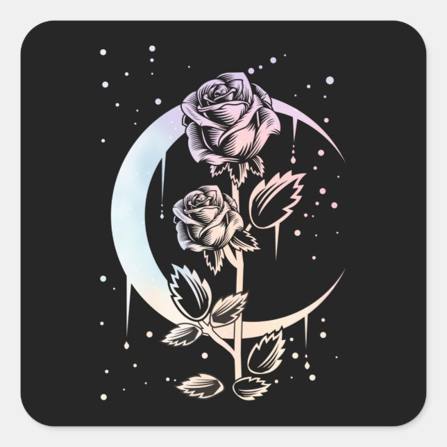 Pegatina Cuadrada Pastel Goth Moon Flower Witchy (Anverso)