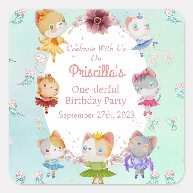 Pegatina Cuadrada Pastel Green All Ballerina Cat Kids Birday Fiesta (Anverso)
