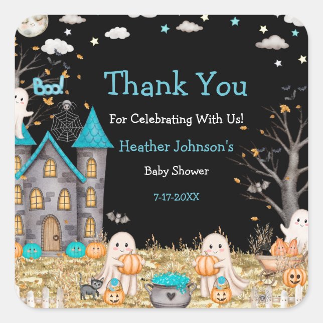 Pegatina Cuadrada Pastel Halloween Pequeño Boo Boy Baby Shower (Anverso)