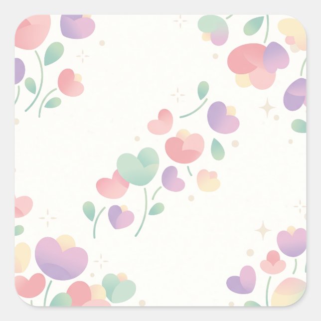 Pegatina Cuadrada Pastel Heart Shaped Flowers Minimalist Pattern (Anverso)