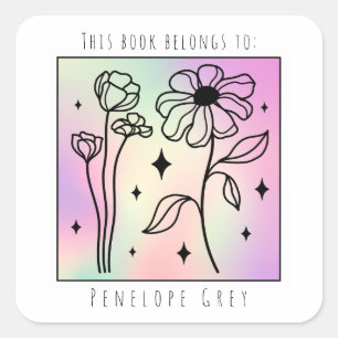 Pegatina Cuadrada Pastel Holograma Floral Placa cuadrada para libros