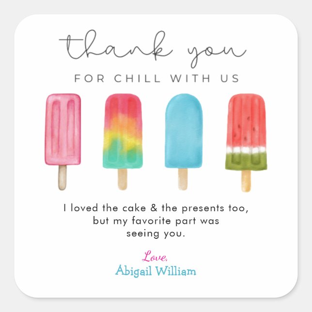 Pegatina Cuadrada Pastel Ice Cream Cumpleaños Gracias Cartas (Anverso)