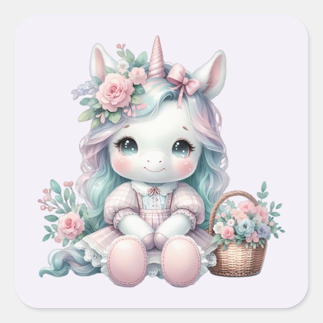 Pegatina Cuadrada Pastel Kawaii Unicorn Doll with Flower Basket (Anverso)
