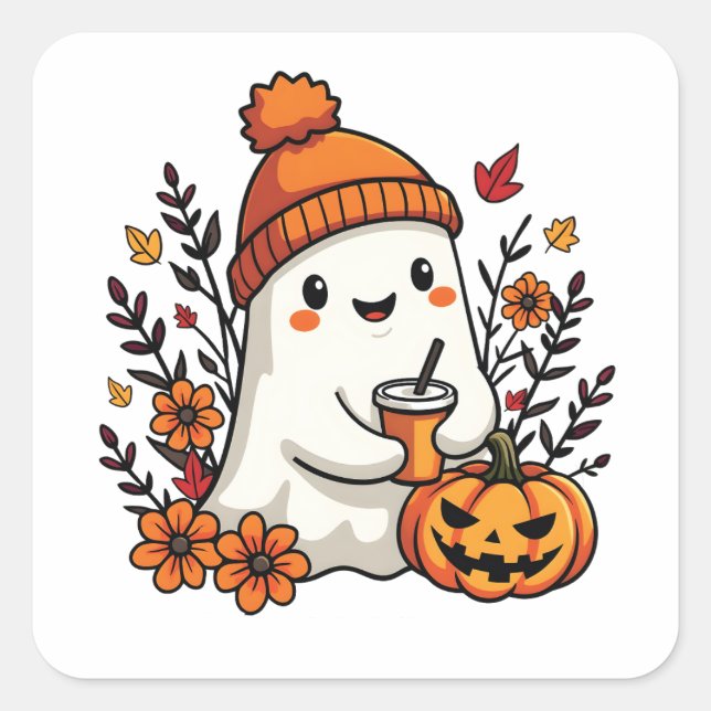 Pegatina Cuadrada Pastel Otoño Kawaii Ghost Fall Spkin (Anverso)