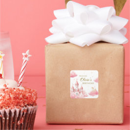 Pegatina Cuadrada Pastel Pink Castle Princess Birthday Girl