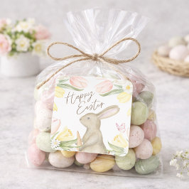 Pegatina Cuadrada Pastel Pink Tulips & Yellow Daffodils Happy Easter