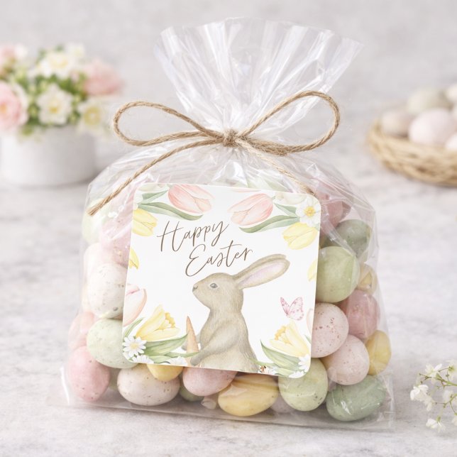 Pegatina Cuadrada Pastel Pink Tulips & Yellow Daffodils Happy Easter (Subido por el creador)