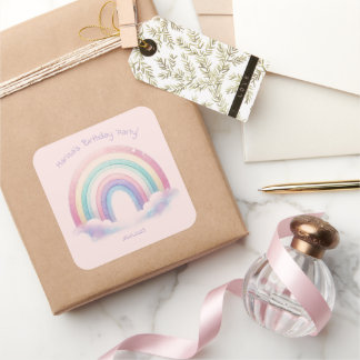 Pegatina Cuadrada Pastel Rainbow Birthday Party Square Stickers