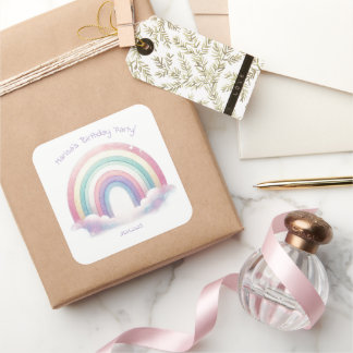 Pegatina Cuadrada Pastel Rainbow Birthday Party Square Stickers