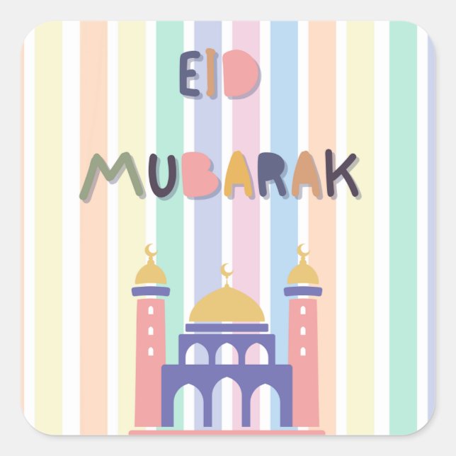 Pegatina Cuadrada Pastel Rainbow Eid Mubarak Eid Gift (Anverso)