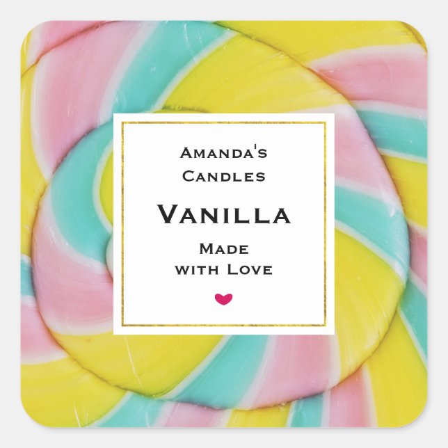 Pegatina Cuadrada Pastel Rainbow Spiral Candy Photo Candle Business (Anverso)