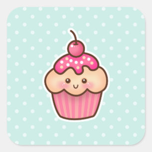 Pegatina Cuadrada Pastel rosa de Kawaii y puntos de Polka Azul de me