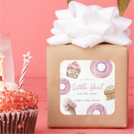 Pegatina Cuadrada Pastel rosa dulce y Baby Shower de donut para niña