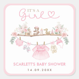 Pegatina Cuadrada Pastel Rosa Floral Bebé Ropa Boho Nursera