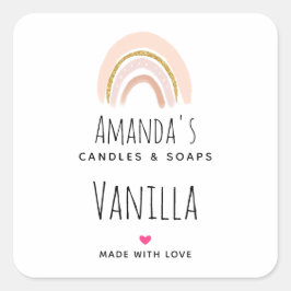 Pegatina Cuadrada Pastel Rosa y Faux Purpurina Rainbow Candle Busine