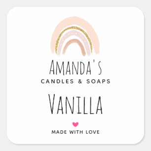 Pegatina Cuadrada Pastel Rosa y Faux Purpurina Rainbow Candle Busine