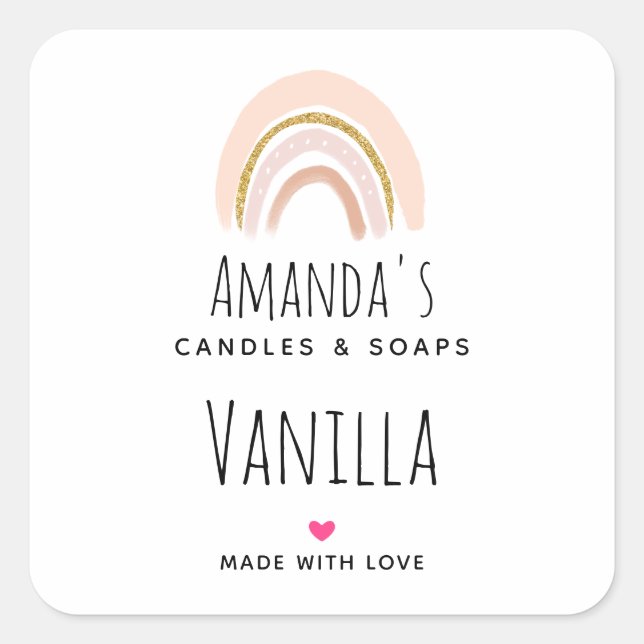 Pegatina Cuadrada Pastel Rosa y Faux Purpurina Rainbow Candle Busine (Anverso)