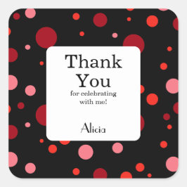 Pegatina Cuadrada Pastel Ruby Cranberry Polka Dot Black Gracias