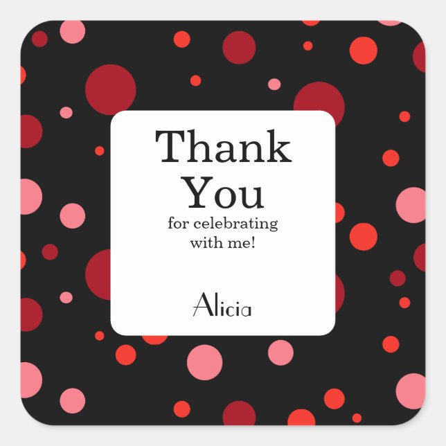Pegatina Cuadrada Pastel Ruby Cranberry Polka Dot Black Gracias (Anverso)
