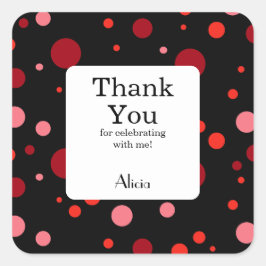 Pegatina Cuadrada Pastel Ruby Cranberry Polka Dot Black Gracias