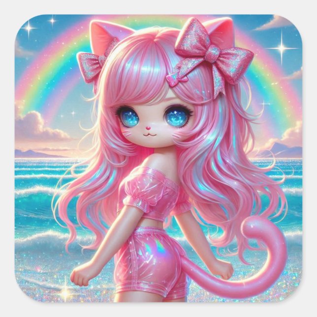 Pegatina Cuadrada Pastel Sparkle Kitty (Anverso)