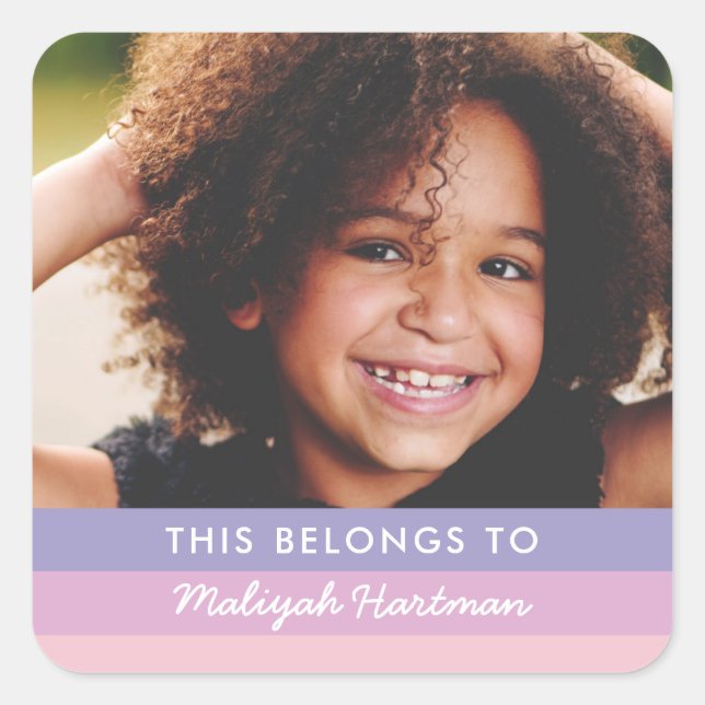 Pegatina Cuadrada Pastel Stripes Cute Script Nombre Niños Escuela Pú (Anverso)