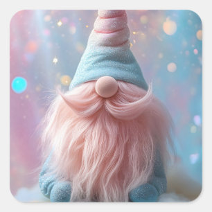 Pegatina Cuadrada Pastel Unicornio Gnome / Gonk con barba rosa fluor