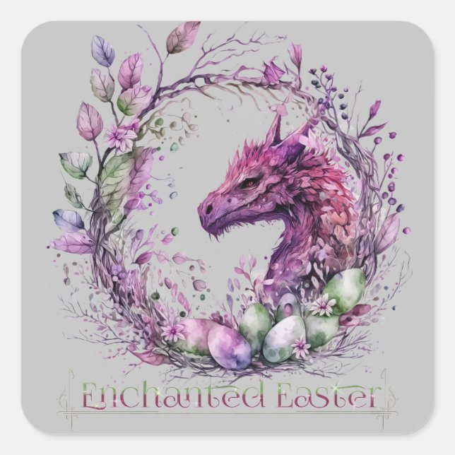 Pegatina Cuadrada Pastel verde rosado encantado Dragón de Pascua Cam (Anverso)