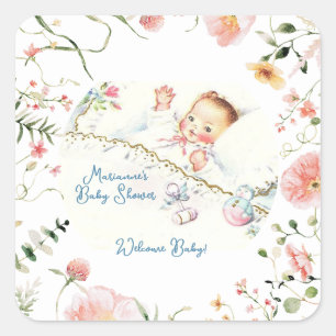 Pegatina Cuadrada Pastel Vintage Baby Baby Shower