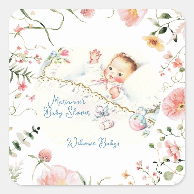 Pegatina Cuadrada Pastel Vintage Baby Baby Shower (Anverso)
