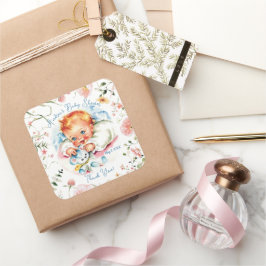 Pegatina Cuadrada Pastel Vintage Baby Girl Baby Shower Paper Plate