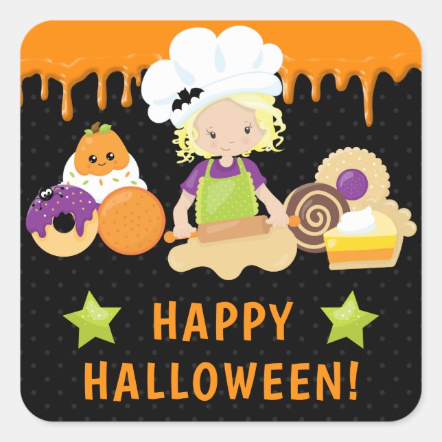 Pegatina Cuadrada Pasteles de Halloween y Chica de pan (Anverso)