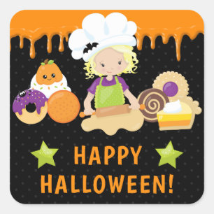Pegatina Cuadrada Pasteles de Halloween y Chica de pan