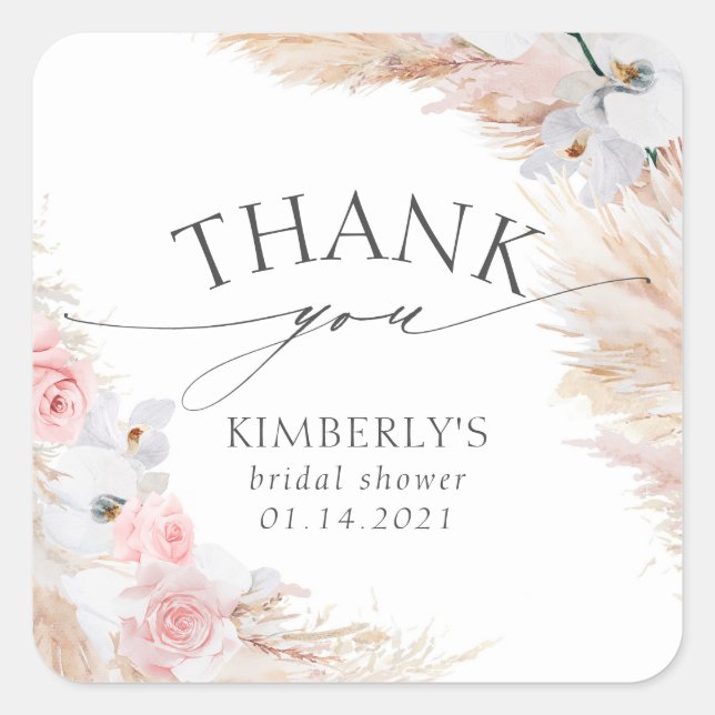 Pegatina Cuadrada Pasto de Pampas y Orquídea Blanca Tropical (Anverso)