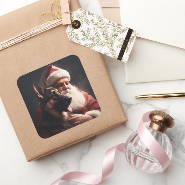Pegatina Cuadrada Pastor alemán con Navidades festivos de Santa Clau (Regalar)